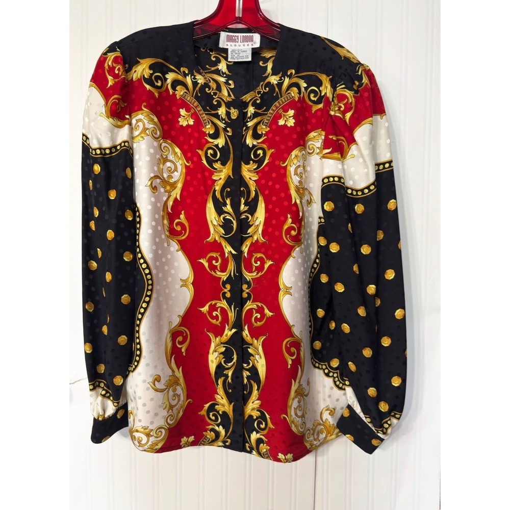 Maggy London Silk Blouse Vintage Baroque Scroll Print Red‎ Black Gold Size 12